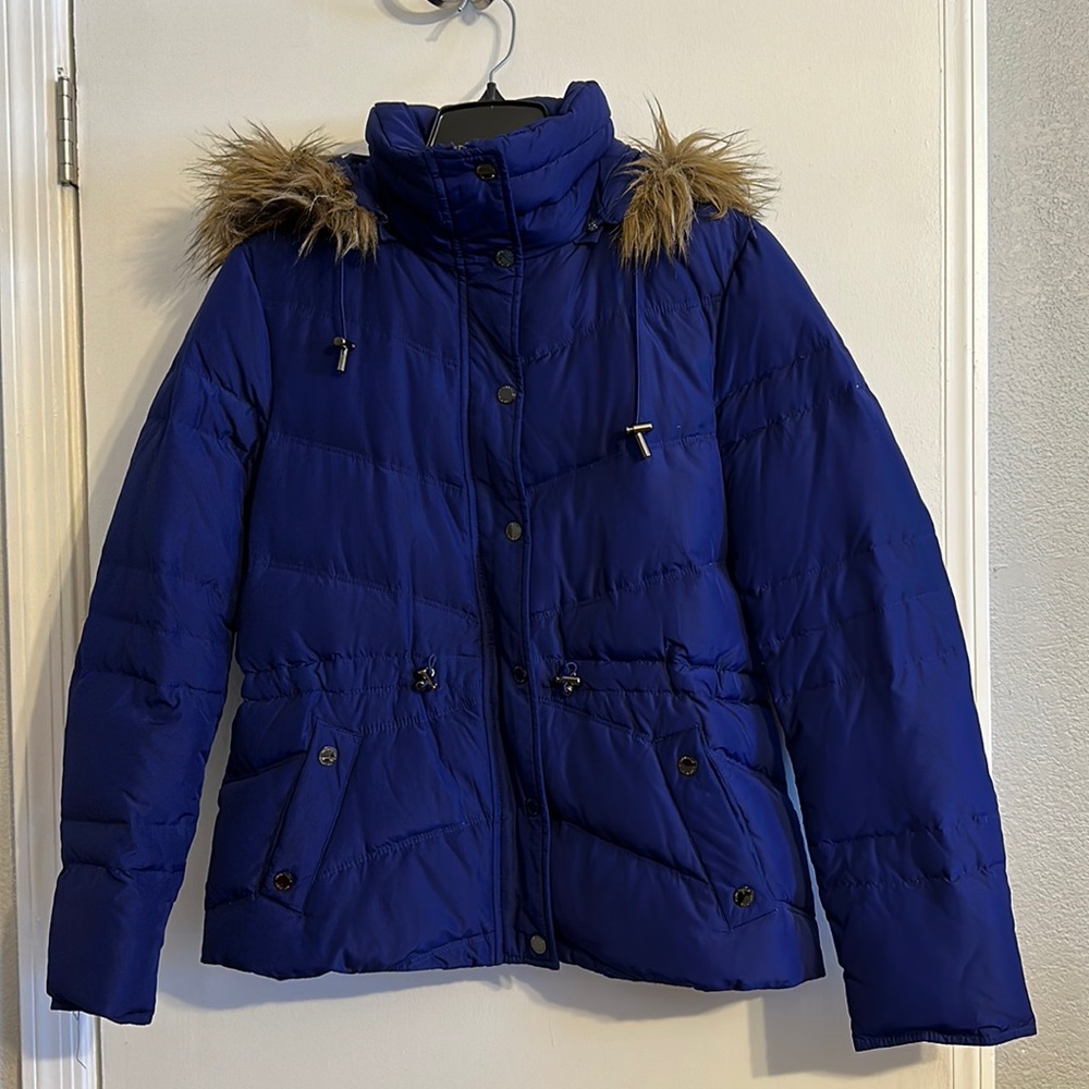 Kenneth Cole Reaction Womens Puffer Coat Blue Faux Fur Hood Zip Up - MEDIUM